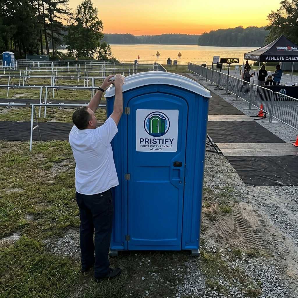 Pristify technician servicing porta potties at an Atlanta outdoor event